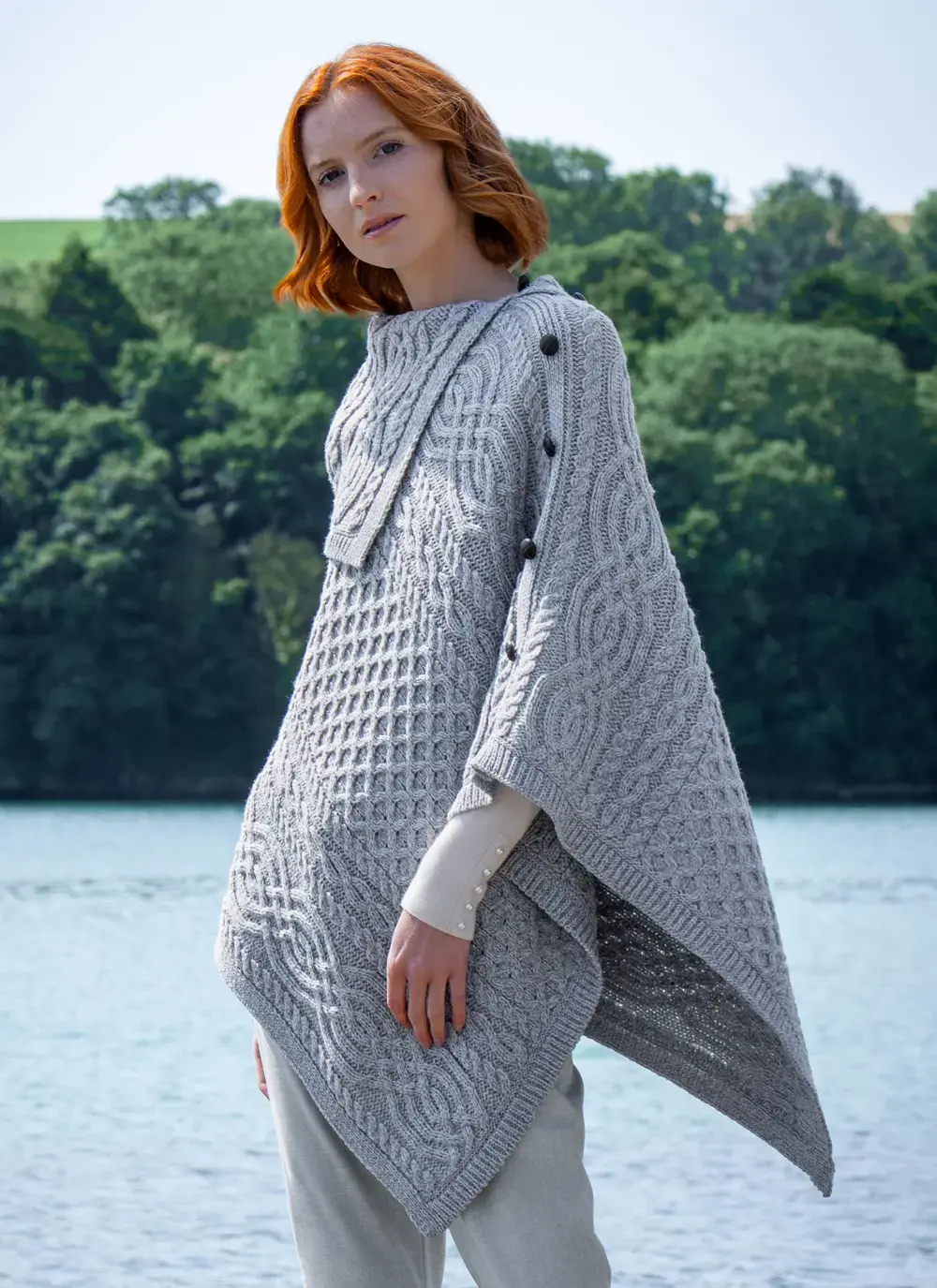 Honeycomb Cable Button Poncho in Soft Grey | Blarney
